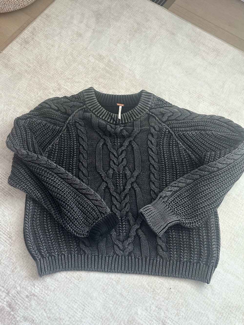 Free People Charcoal Cable Knit Crewneck Sweater